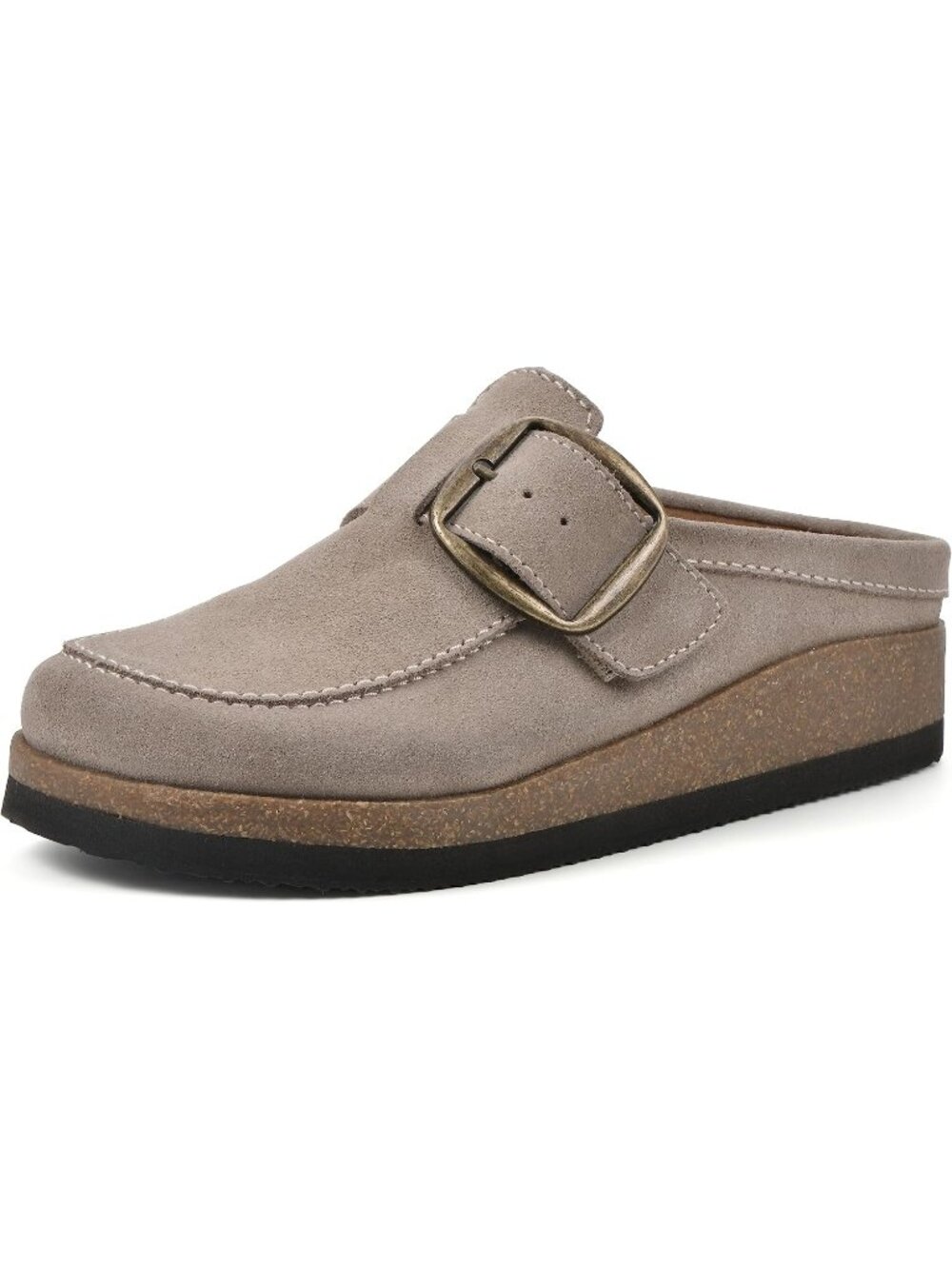 🆕Women's Taupe Suede Leather Big Buckle Foot bed Clogs Flat Slip On Mules